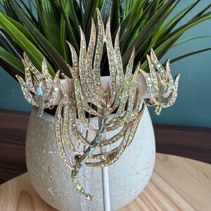 Vtg Doods Brooch & Earring Set Green Iridescent Rhinestones Gold Tone Statement
